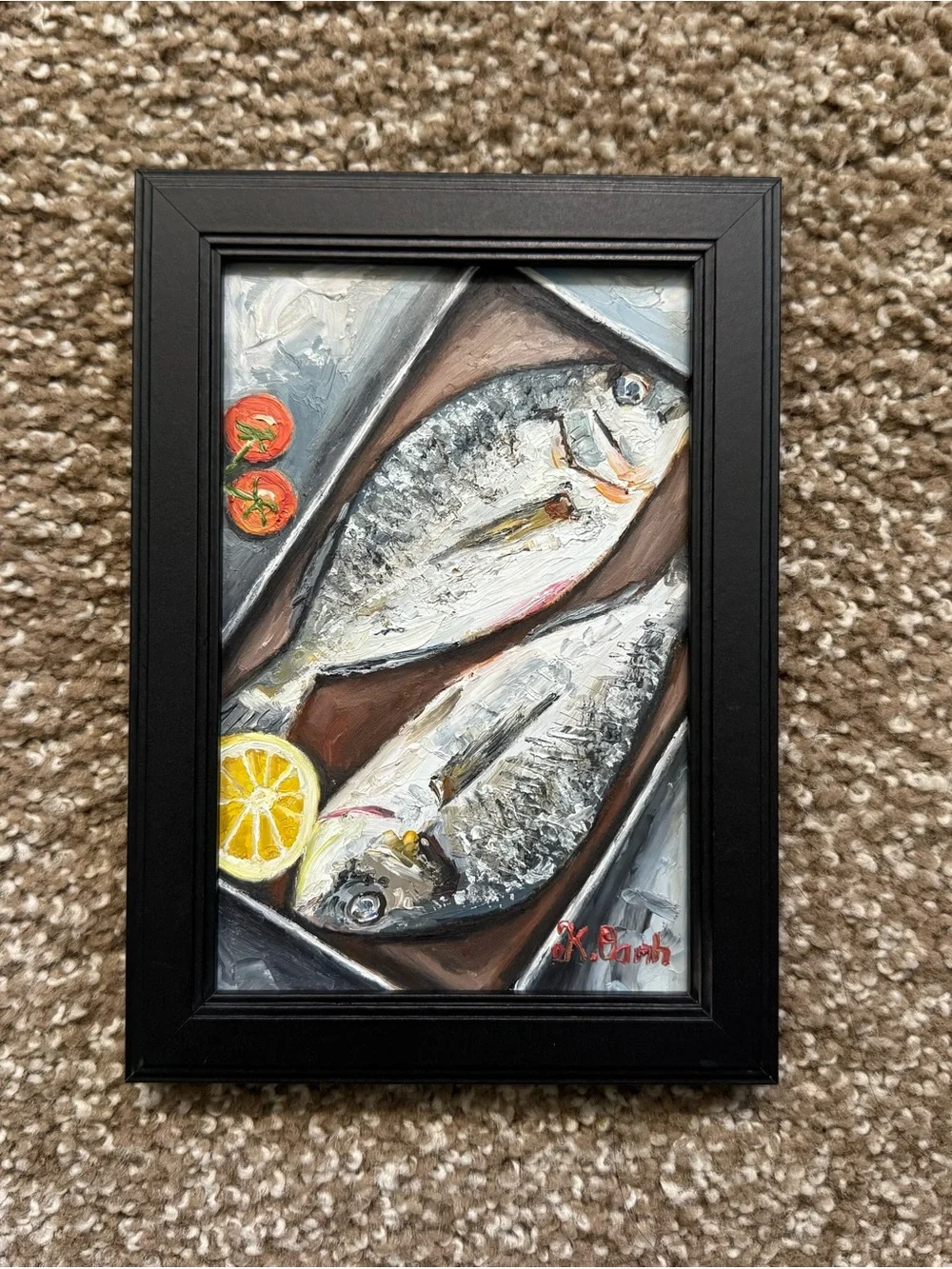 Original oil painting Hand-Painted fishes signed framed 4x6 inches